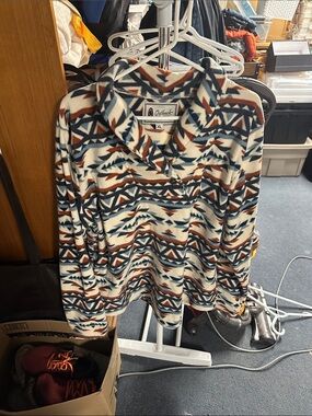 Patterned Shawl Collar Fleece Pullover - White/Navy/Brown